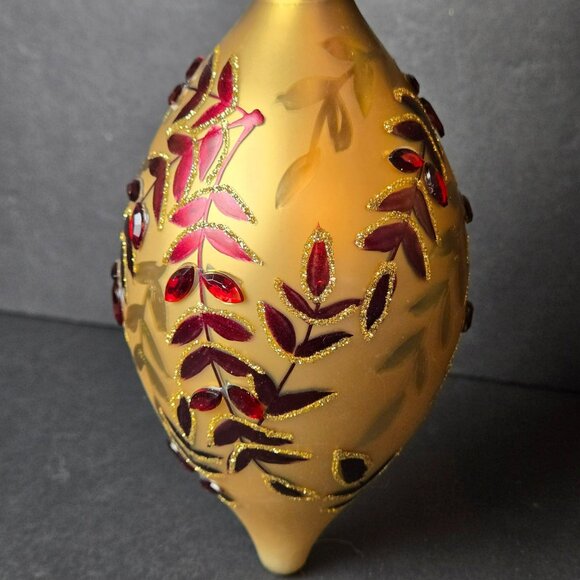 Frontgate Gold Red Jeweled Teardrop Ornament Handpainted Glitter Leaf Scroll 6" - Picture 4 of 7
